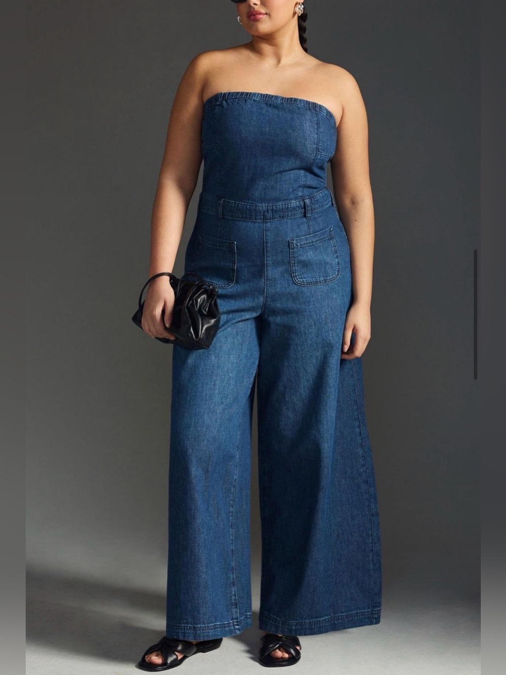 Anthropologie Strapless Wide-Leg Denim Jumpsuit - Blue
